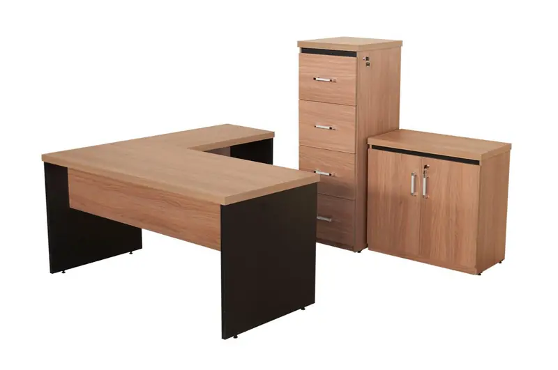 Conjunto de mesa em L, gaveteiro e armário para escritório
