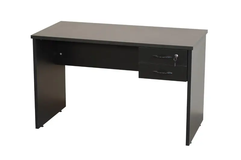 Mesa reta com gaveteiro e acabamento escuro